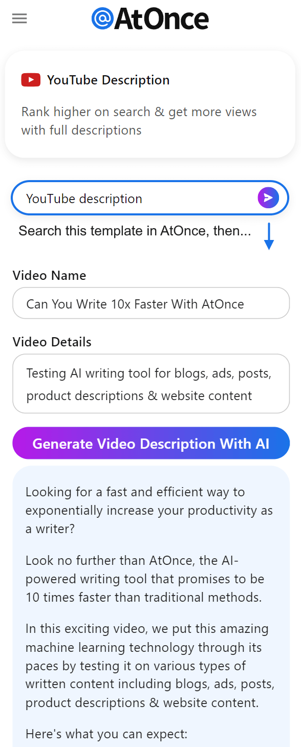 AtOnce AI video description generator